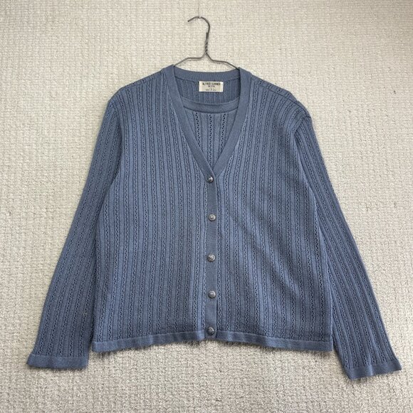 VTG Alfred Dunner Cardigan Textured Knit Sweater Sz L Button Up Blue USA Made - Picture 1 of 15